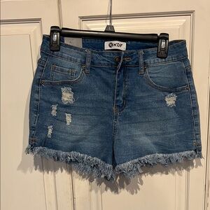 Blue Distressed Jean Shorts with Frayed Hem